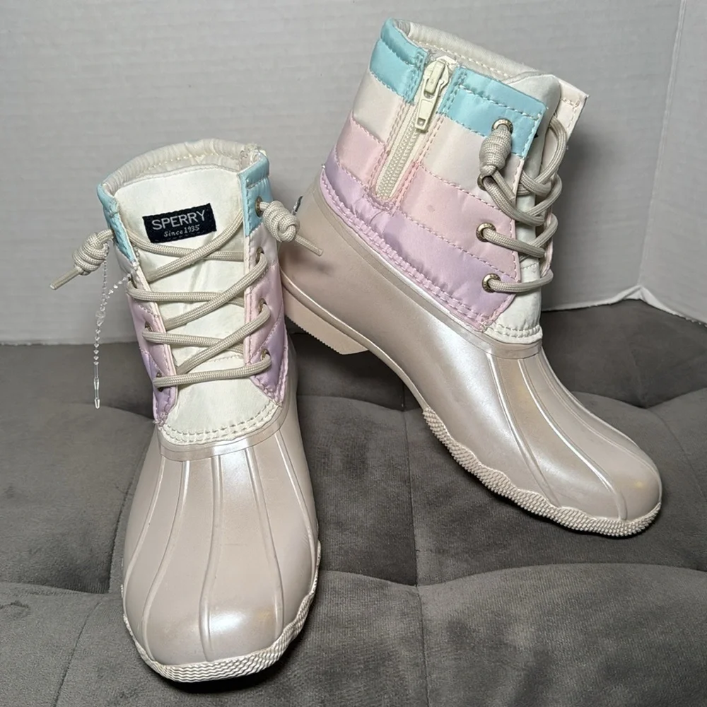 New Sperry Kid’s Saltwater Ankle Boot Duck Boot Iridescent Pastel Size 3 & 6